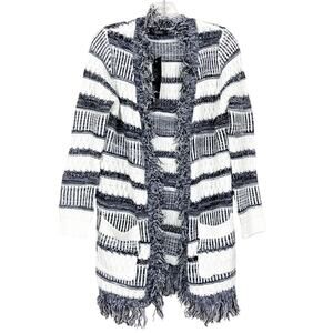 Papillon Black White Knit Fringe Open Front Cardigan Sz S
